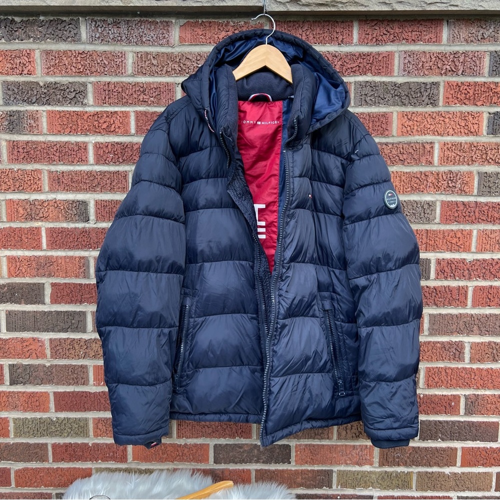 Tommy Hilfiger Navy Blue and Dark Red Full Zip Up Hooded Puffer Jacket